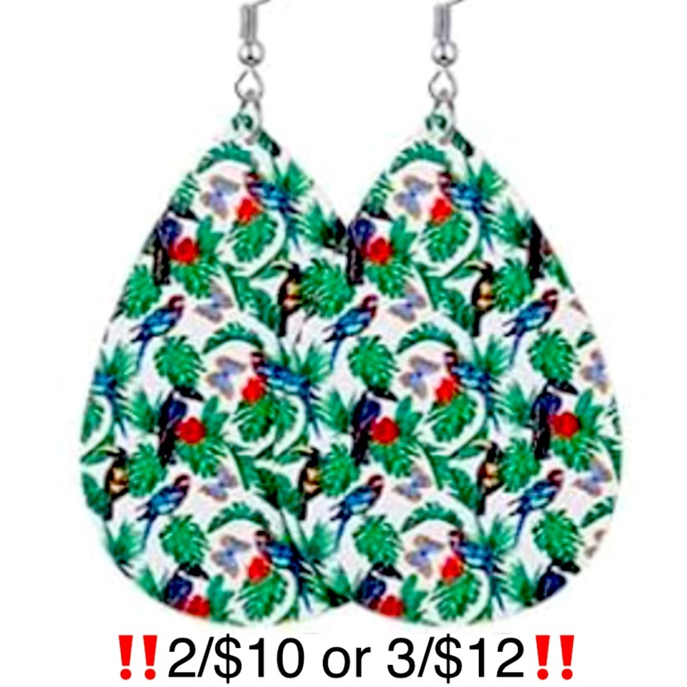 Tropical Bird & Butterfly Floral Leaf Faux Leather Dangling Summer Earrings